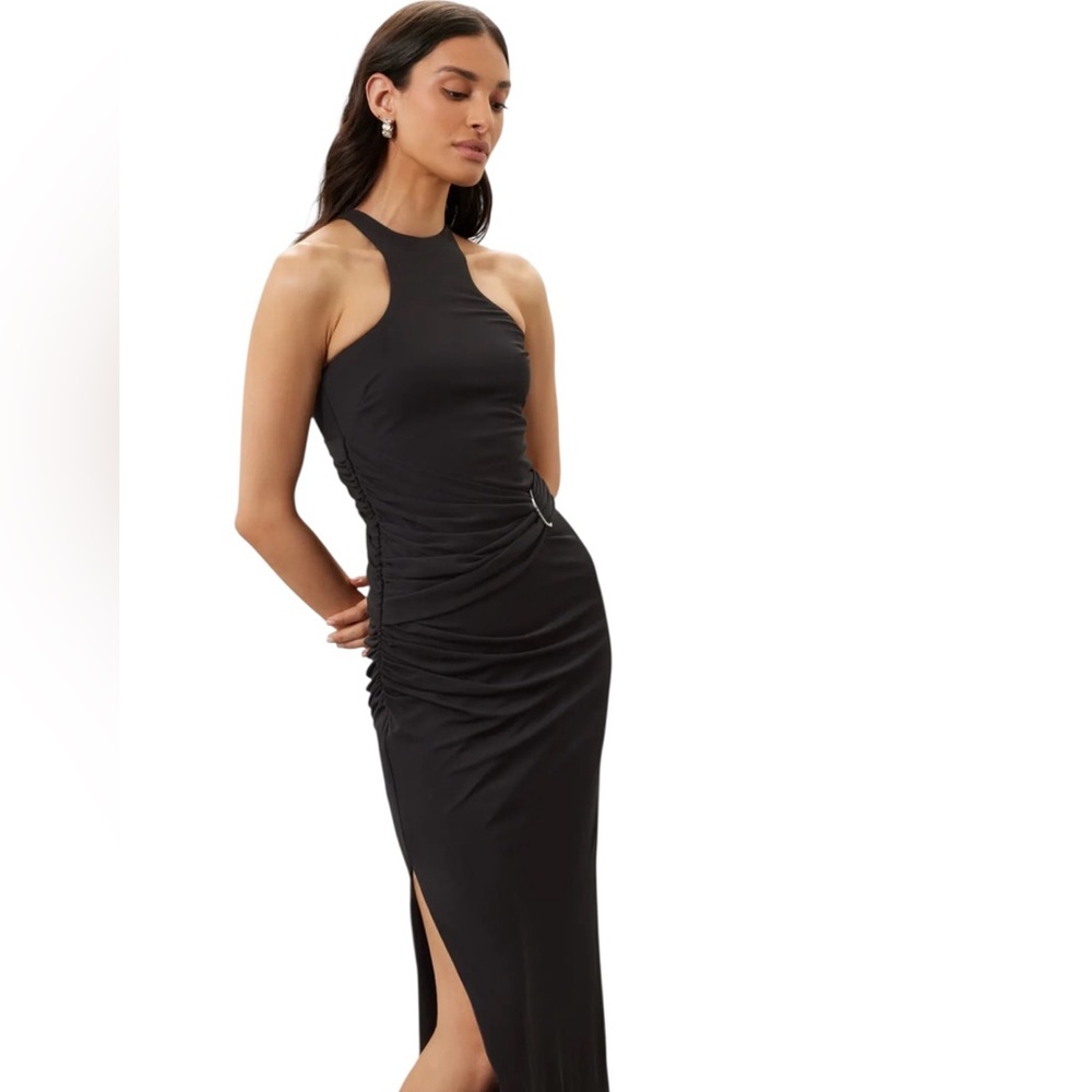 Halston - Lang Black Ruched Jersey Maxi Dress Size 14 Racerback